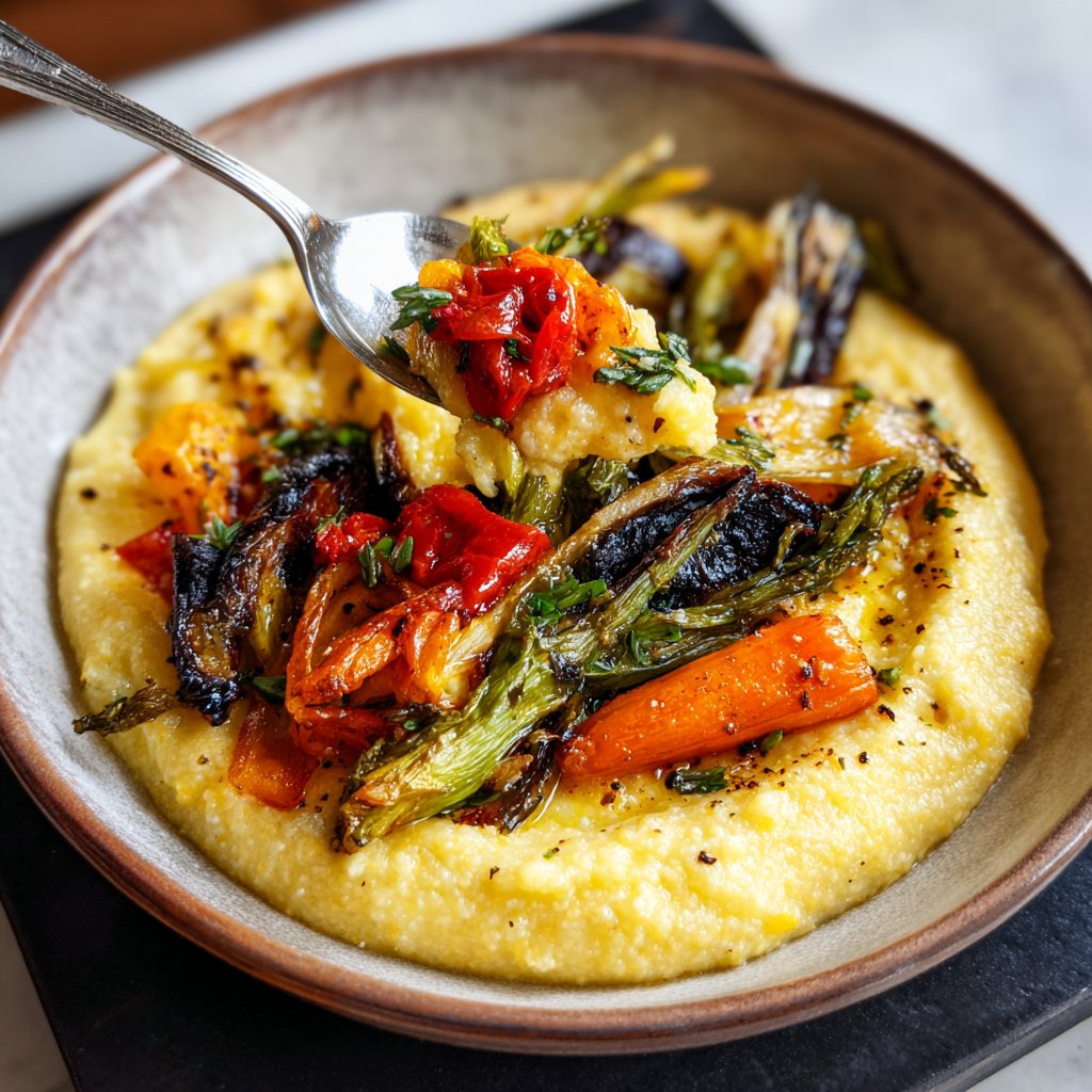Abendessen mit cremiger Polenta und Gemüse