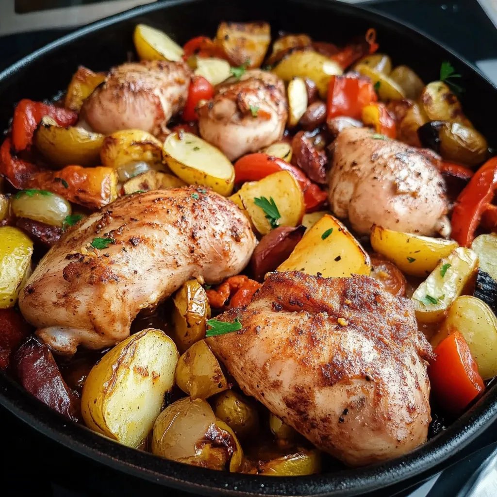 Hähnchenschenkel mit Gemüse und Kartoffeln aus dem Ofen