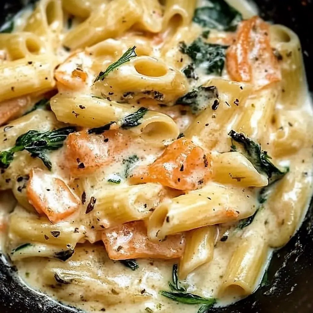 Nudeln in Lachs-Sahne-Soße und Spinat