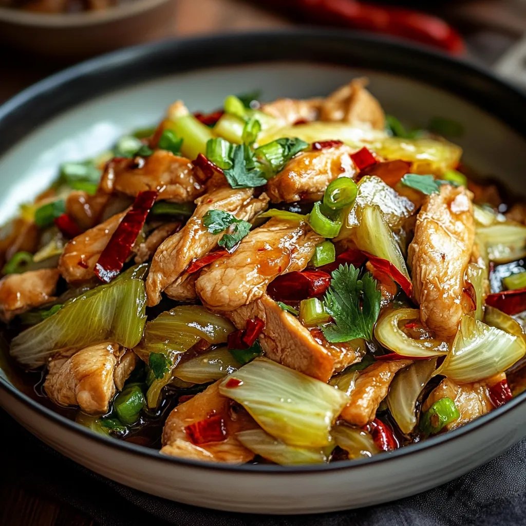 Chinesisches Hähnchen-Pfannengericht mit Spitzkohl und Zwiebeln